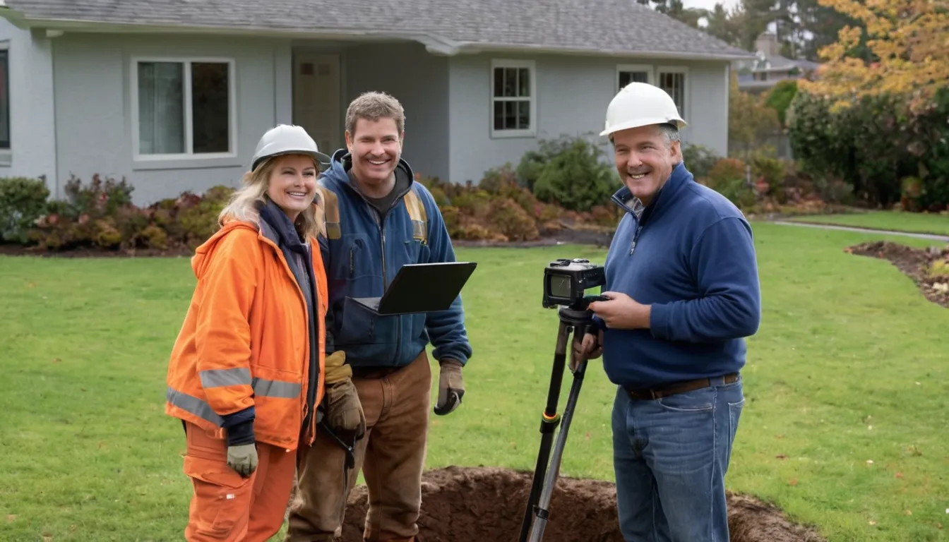 Friendly sewer line provider and a homeowner reviewing a pipe camera screen in a front yard in the Princeton area